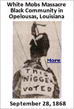 The violence continued for over two weeks, with white mobs attacking the black community, ultimately killing 200-300 Black people as well as at lease 6 white Republican allies. After the massacre, many Black families and almost all Republican white families fled the area, or stopped voting, leaving Opelousas a solid Democrat-run area for decades. In the 1868 presidential election Republican candidate Ulysses S. Grant did not get a single vote.